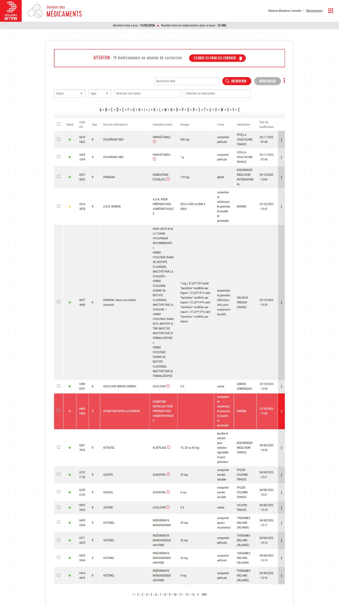 Application de gestion de la base médicaments du Laboratoire Arrow