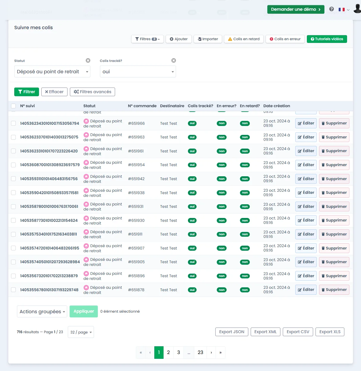 Interface de suivi des colis BOXIA